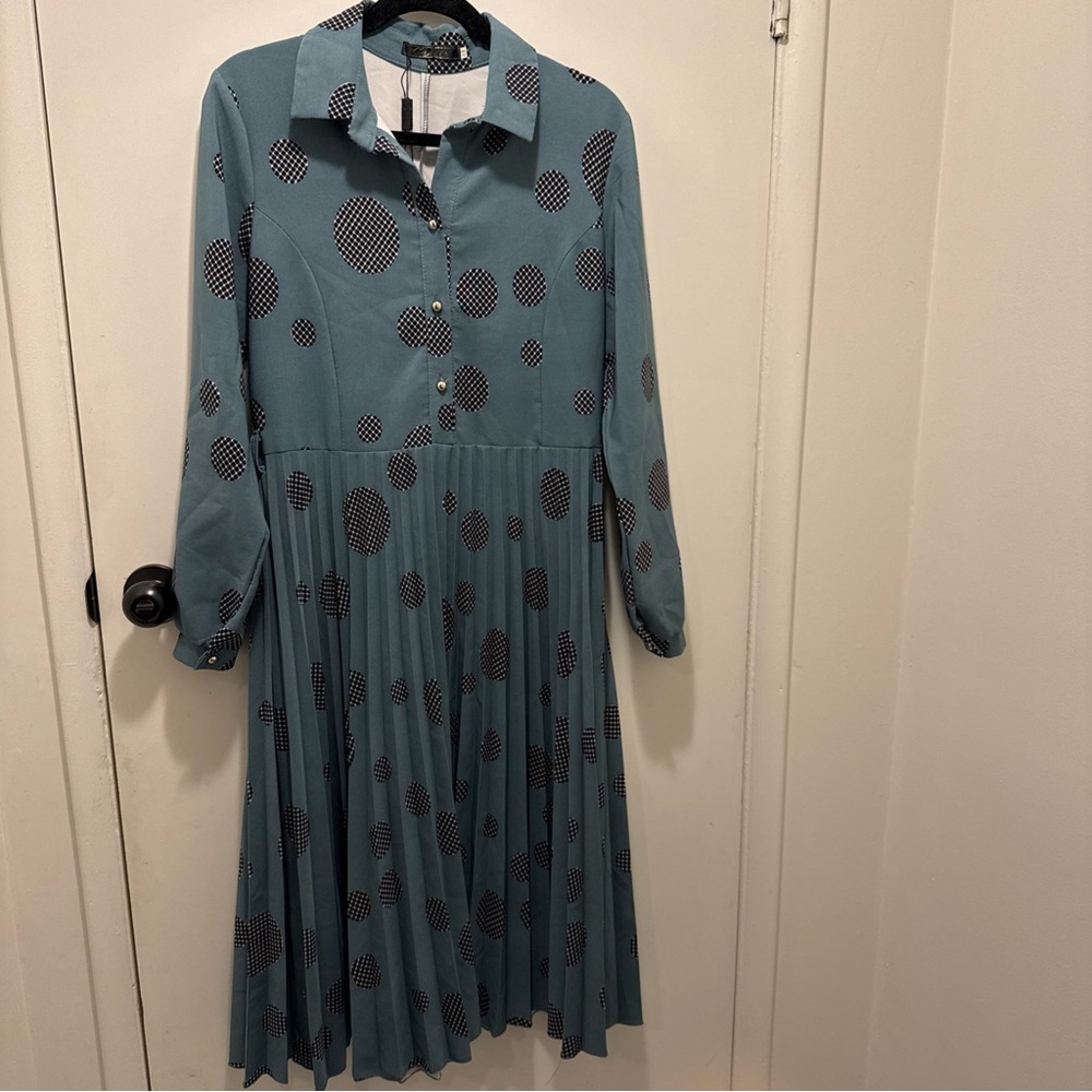 Teal Polka Dot Long Sleeve Dress